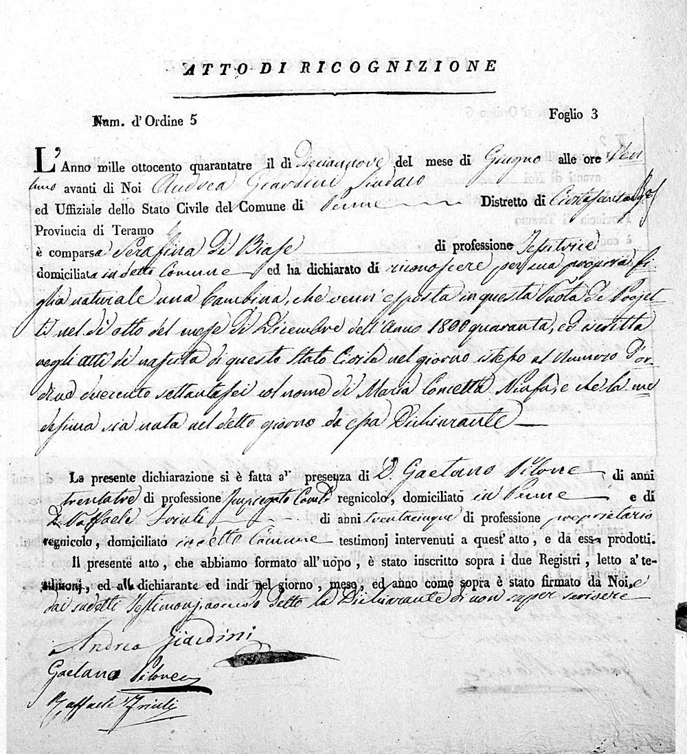 Atto di Riconoscimento di Maria Concetta Ninfa